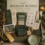 a gift box containing various items related to reading and bookish activities, such as bookmarks, a keychain, and a small book.
