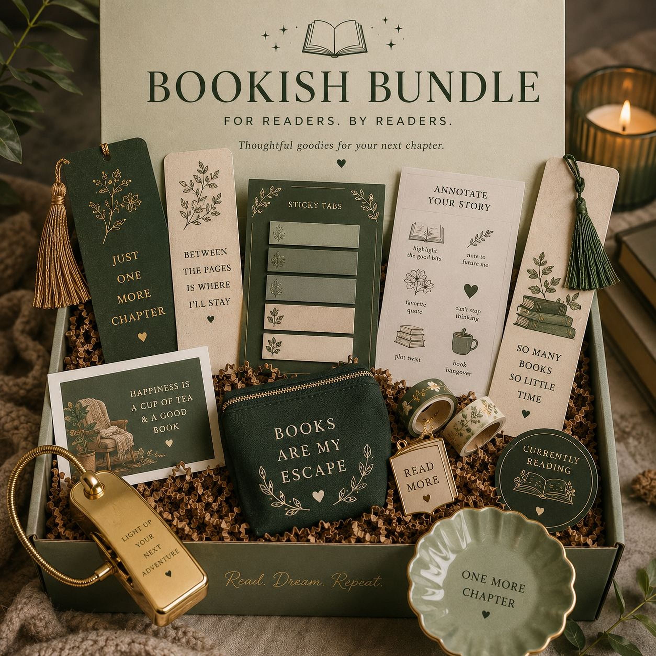 a gift box containing various items related to reading and bookish activities, such as bookmarks, a keychain, and a small book.